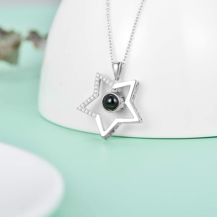 925 Sterling Silver Star  Necklace with 100 Languages I Love You Stone
