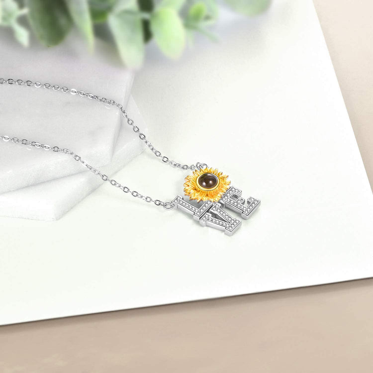 925 Sterling Silver I Love You Necklace 100 Languages Sunflower Love Pendant Crystal Love Memory Projection Necklace