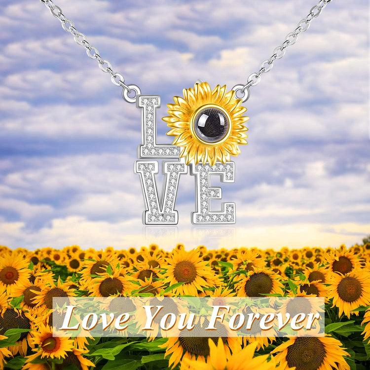 925 Sterling Silver I Love You Necklace 100 Languages Sunflower Love Pendant Crystal Love Memory Projection Necklace