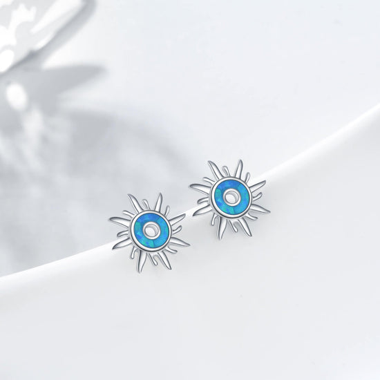 925 Sterling Silver Sun Stud Earrings Blue Created Opal Earrings For Women - onlyone