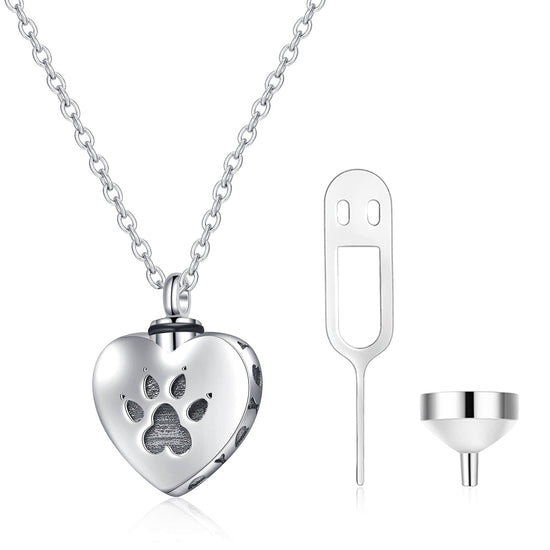 925 Sterling Silver Heart Urn Necklaces Pet Dog Paw Print Cremation Necklace - onlyone