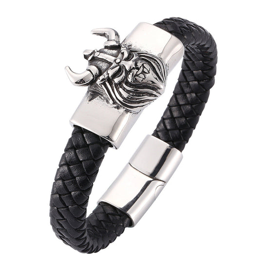 Mens Leather Bracelet With Stainless Steel Viking Head, Father's Day Bracelet - onlyone
