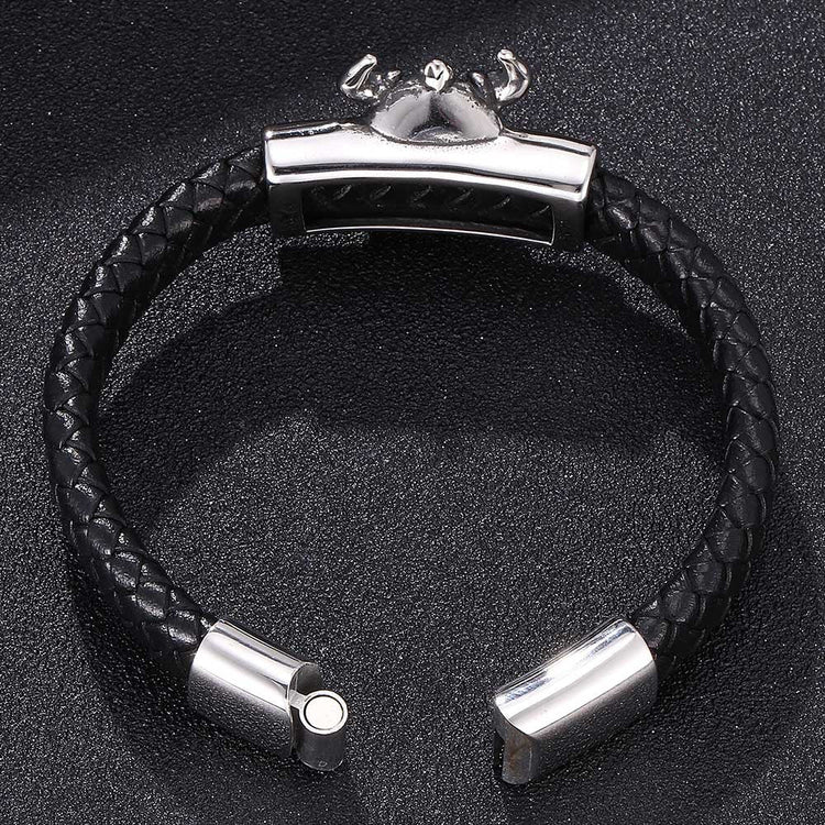 Mens Leather Bracelet With Stainless Steel Viking Head, Father's Day Bracelet - onlyone