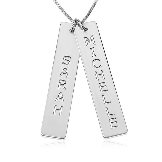 925 Sterling Silver Cut Out Engraved Vertical Two Bar Name Necklace Nameplate Necklace - onlyone