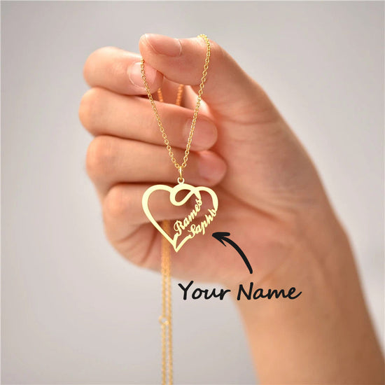 925 Sterling Silver Double Names Heart Name Necklace Nameplate Necklace - onlyone
