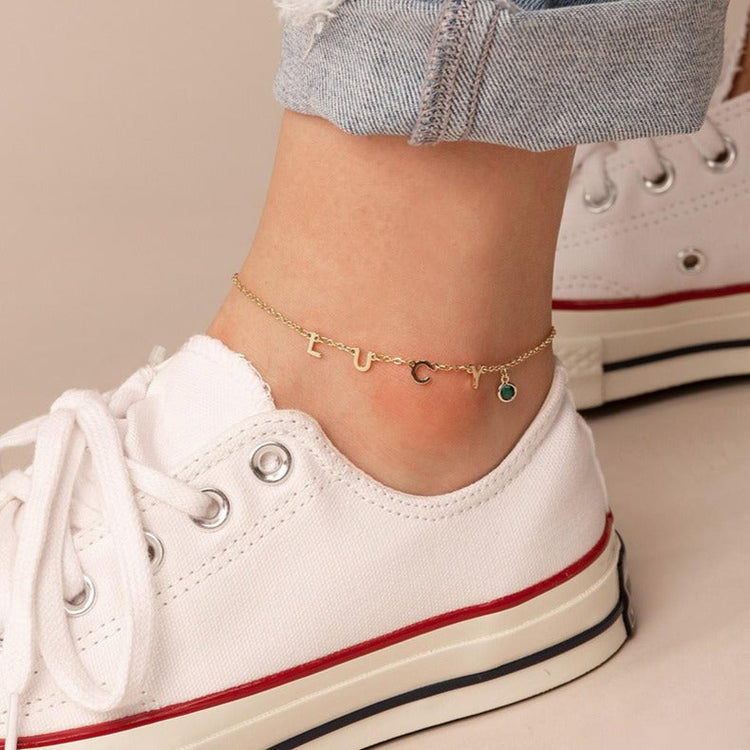925 Sterling Silver Personalized Initial Name Anklet With Birthstone