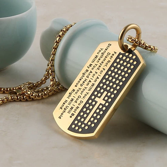 Stainless Steel Cross Dog Tag Pendant Necklace Strength Bible Verse, Father's Day Necklace - onlyone