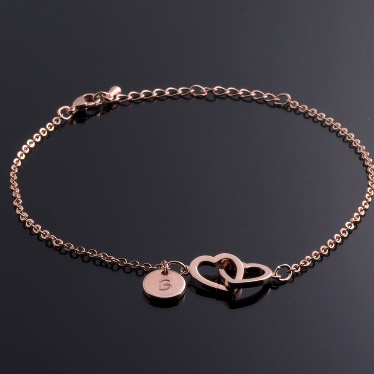 925 Sterling Silver Personalized Initial Double Hearts Anklet