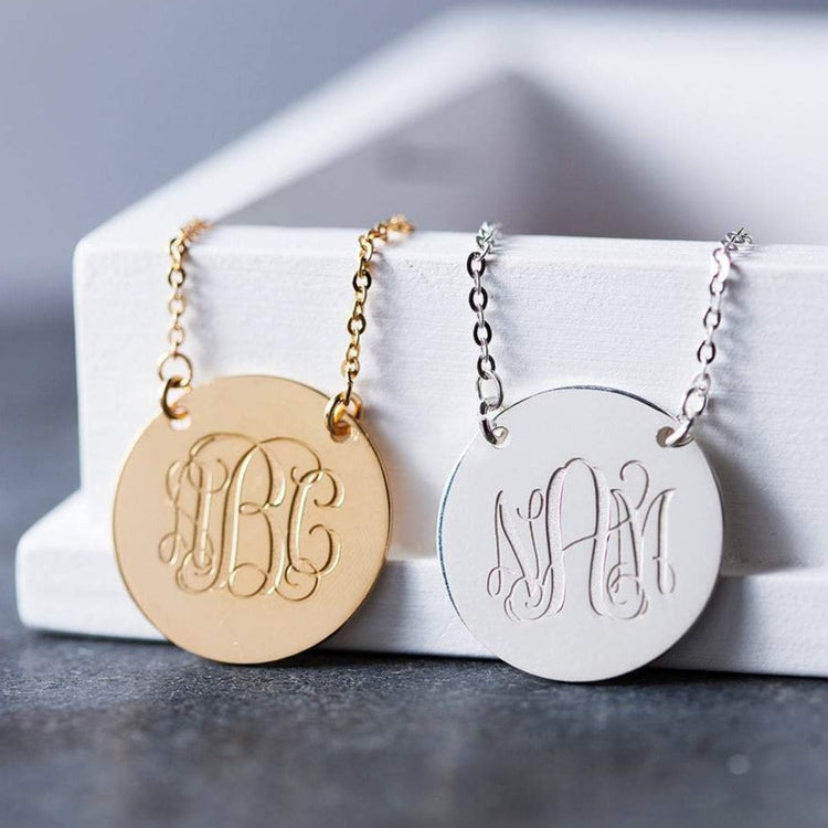925 Sterling Silver Engraved Coin Monogram Initial Necklace