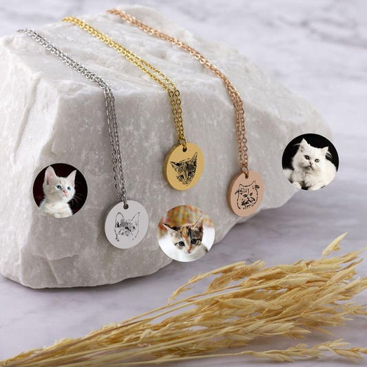 925 Sterling Silver Personalized Pet Round Photo Engraved Necklace Gift for Cat Lovers
