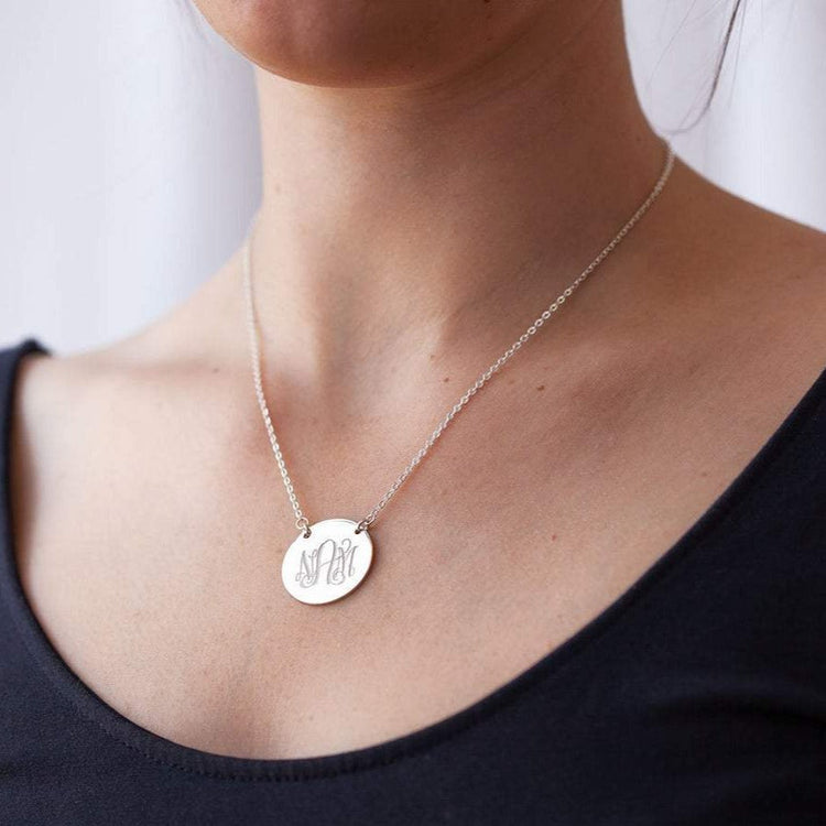 925 Sterling Silver Engraved Coin Monogram Initial Necklace
