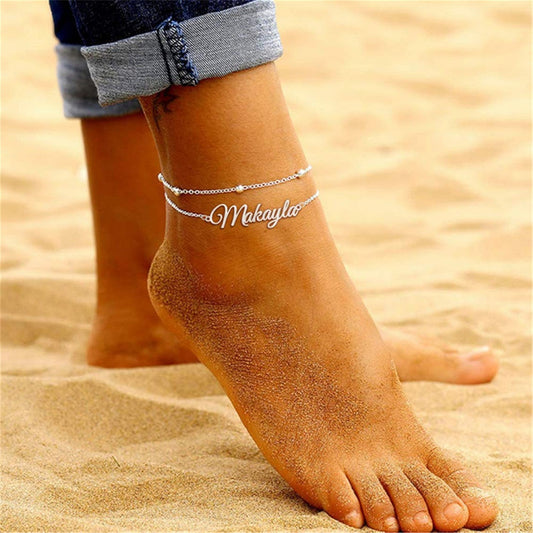 925 Sterling Silver Double Layers Name Anklet, Nameplated Anklet