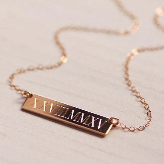 925 Sterling Silver Special Date Roman Numerals Engraved Bar Necklace - onlyone