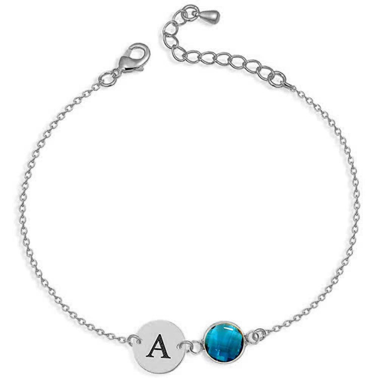 925 Sterling Silver Initial Disc And Birthstone Anklet Bracelet