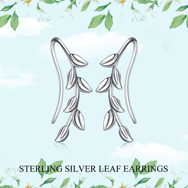 925 Sterling Silver Willow Leaf Ear Climber Crawler Cuff Earrings