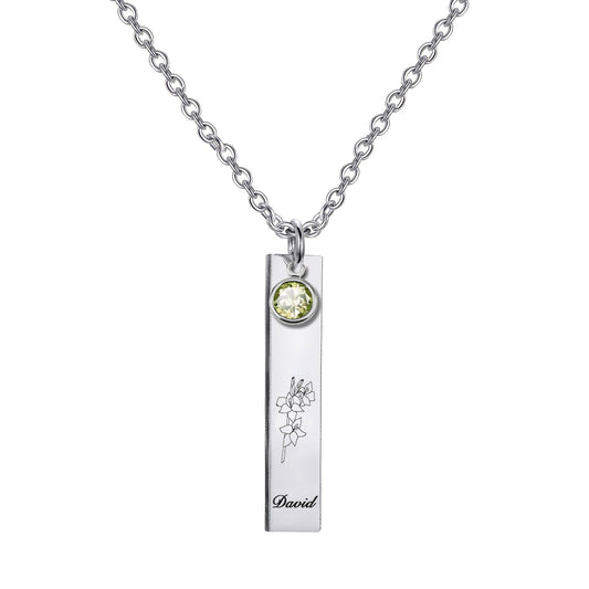 Collier en argent sterling 925 personnalisé avec nom et mois de naissance avec pierre de naissance verticale